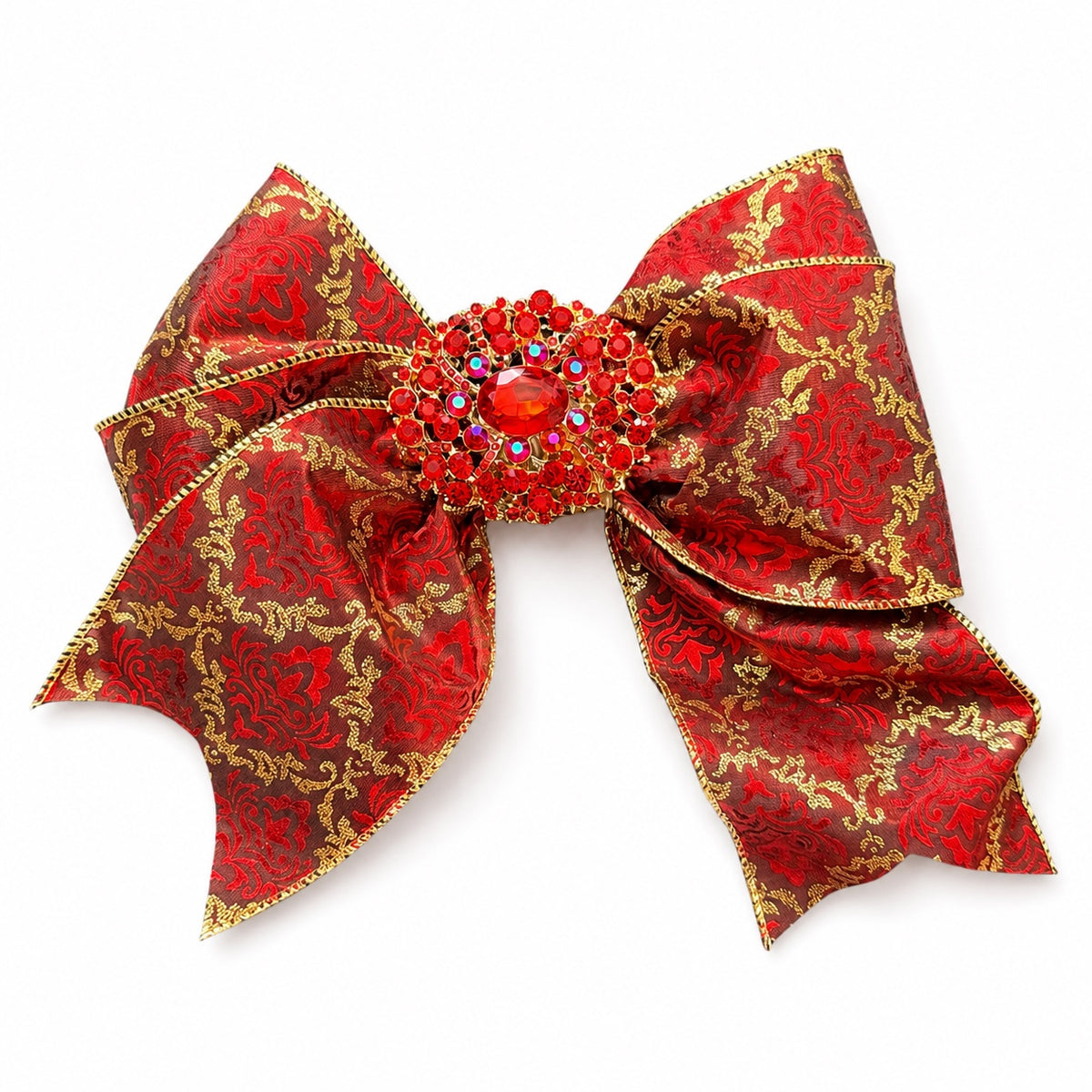 Opéra Rouge Royale Bella Bow by Guccella in red and gold damask with jeweled centerpiece