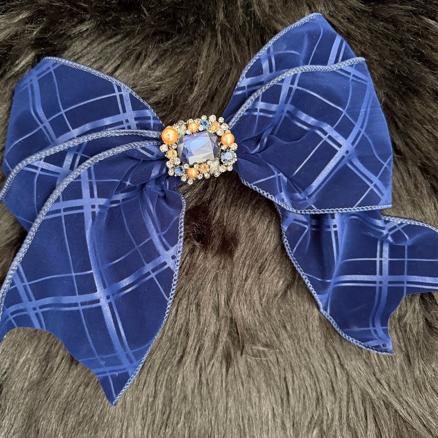 Bella Bow Dark Blue Velvet Diamond Pattern