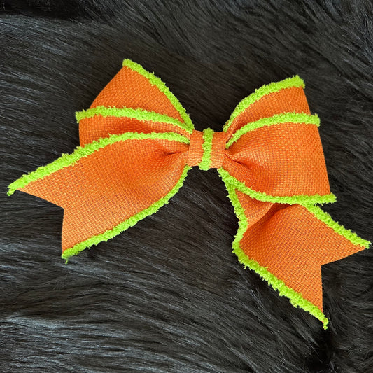 Bella V Bow Orange Burlap with Green Fuzzy Trim