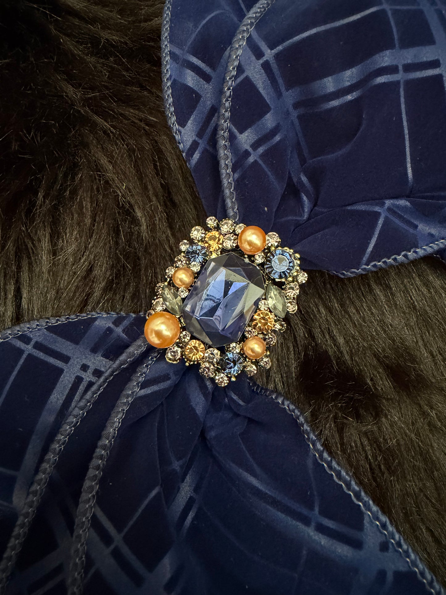 Bella Bow Dark Blue Velvet Diamond Pattern