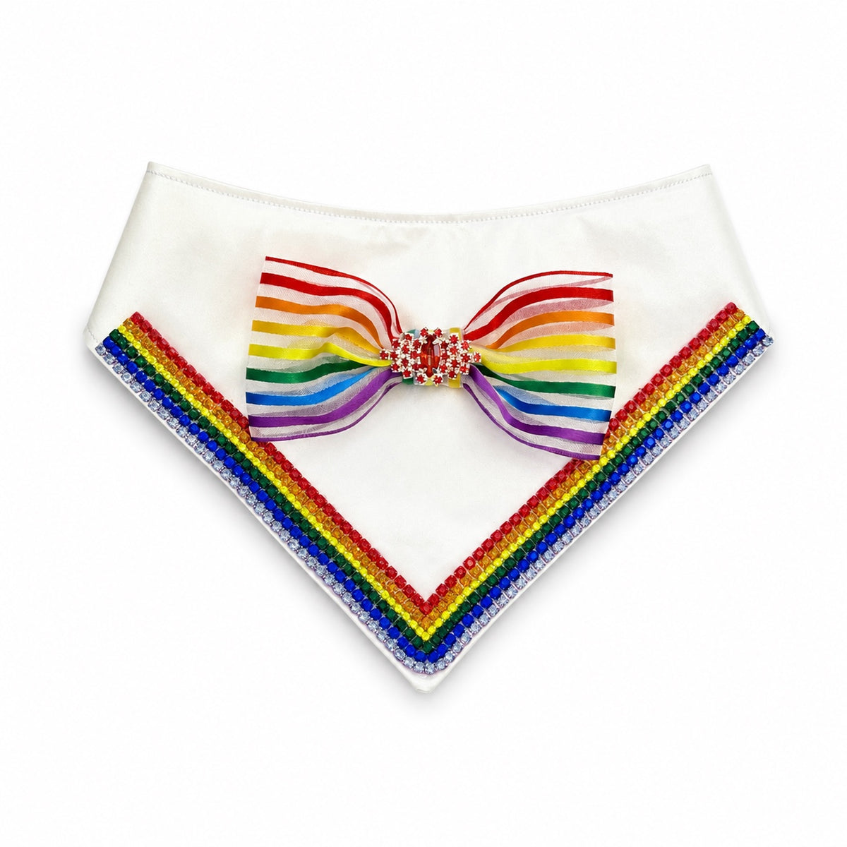 Rainbow Majesté Bandana by Guccella in white satin with multicolor rhinestone trim and rainbow bow