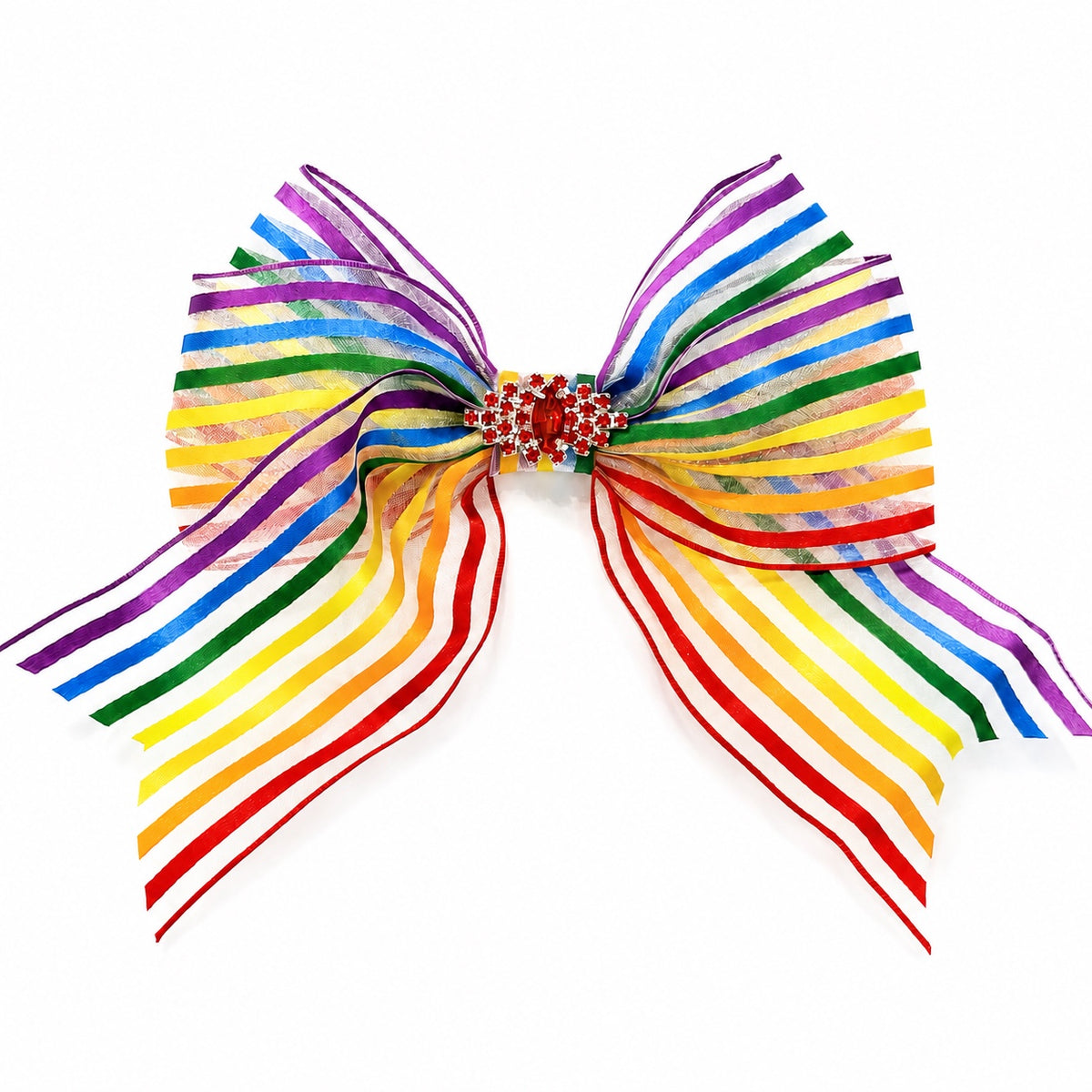 Rainbow Majesté Bella Bow by Guccella with sheer rainbow striped ribbon and red rhinestone centerpiece