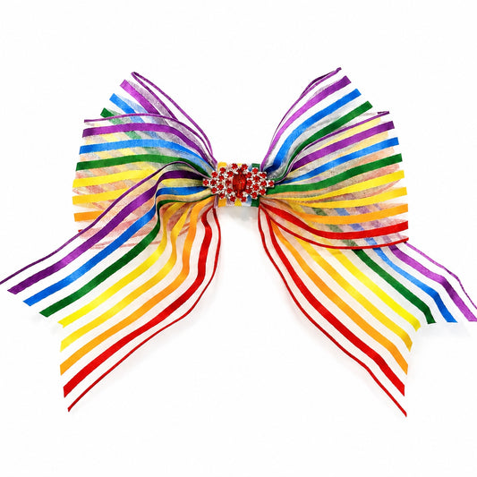 Rainbow Majesté Bella Bow by Guccella with sheer rainbow striped ribbon and red rhinestone centerpiece