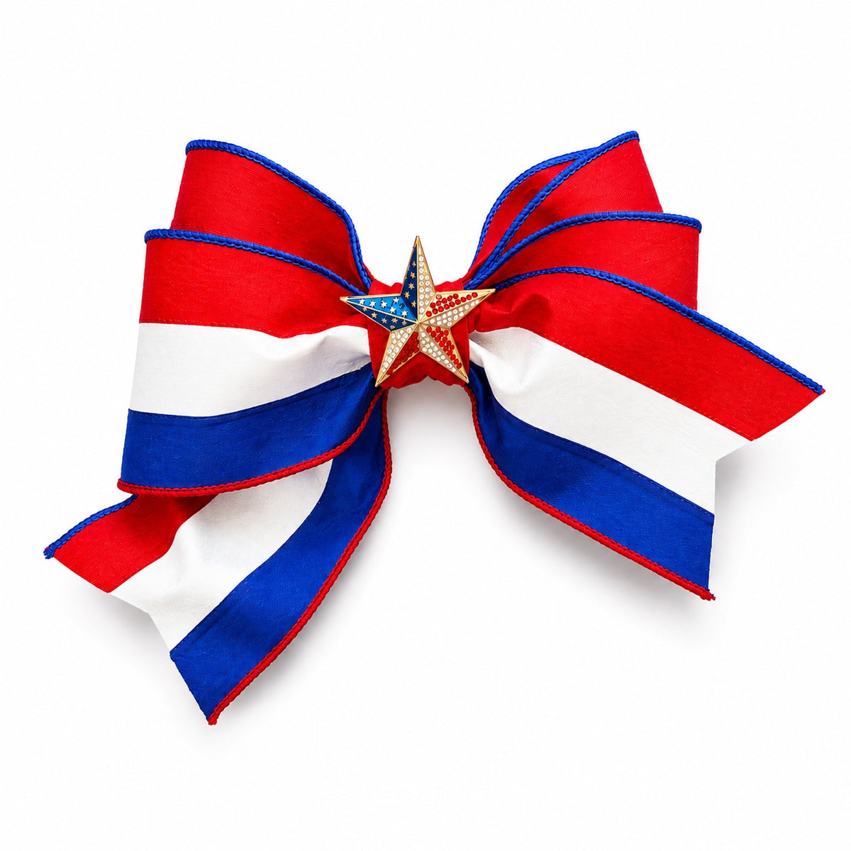 Stars & Splendor Bella Bow by Guccella in red, white, and blue with patriotic star centerpiece