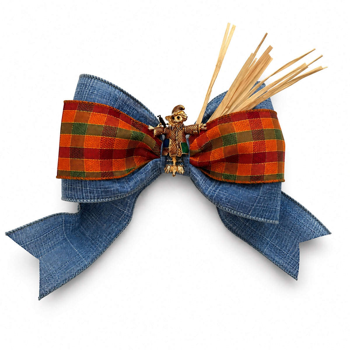 The Harvest Keeper Bella Bow by Guccella in denim blue and autumn plaid with scarecrow centerpiece
