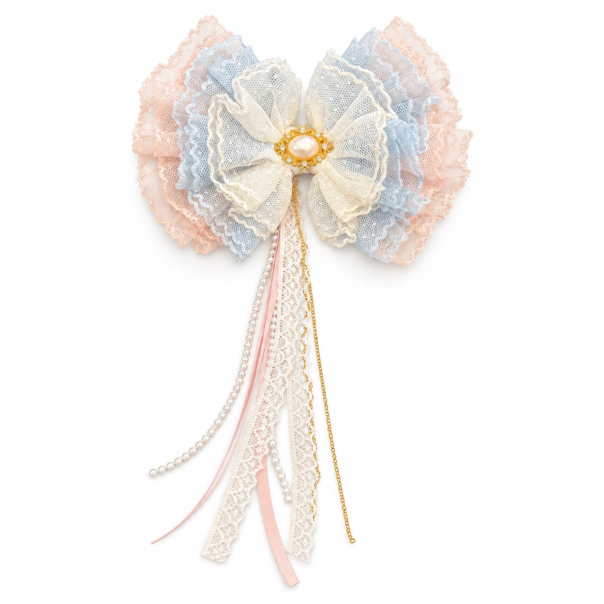 The Wrinklebottoms Ruffle Bow by Guccella in pastel lace with pearl and gold embellishment