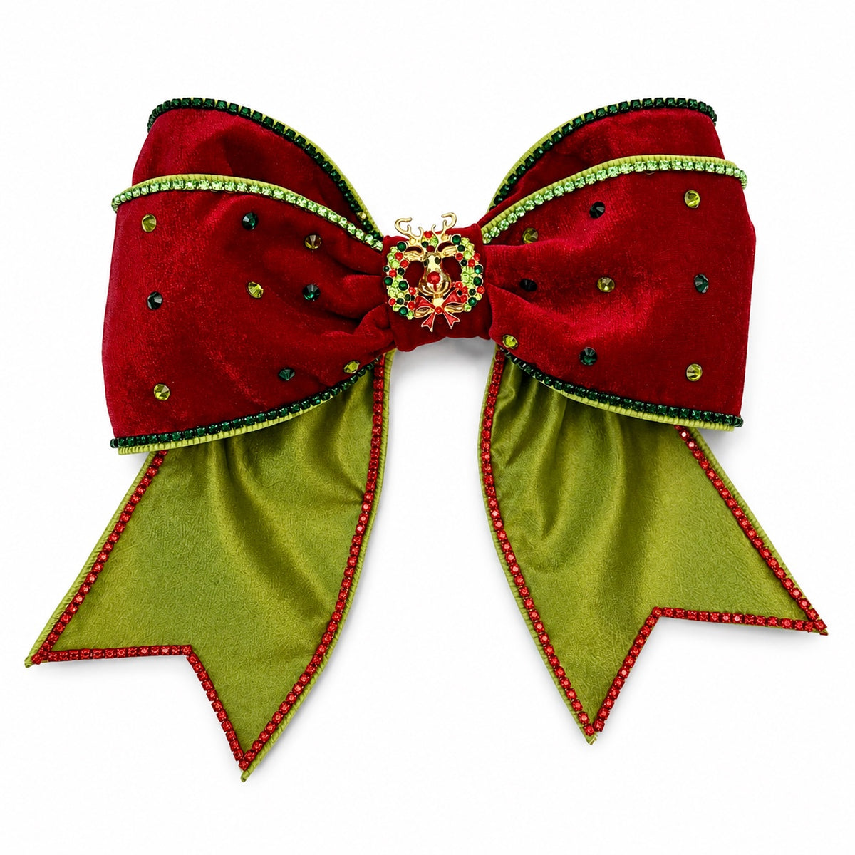 Yuletide Majesty Bella Bow by Guccella in red velvet and green with rhinestone trim and reindeer centerpiece