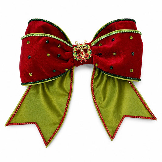 Yuletide Majesty Bella Bow by Guccella in red velvet and green with rhinestone trim and reindeer centerpiece